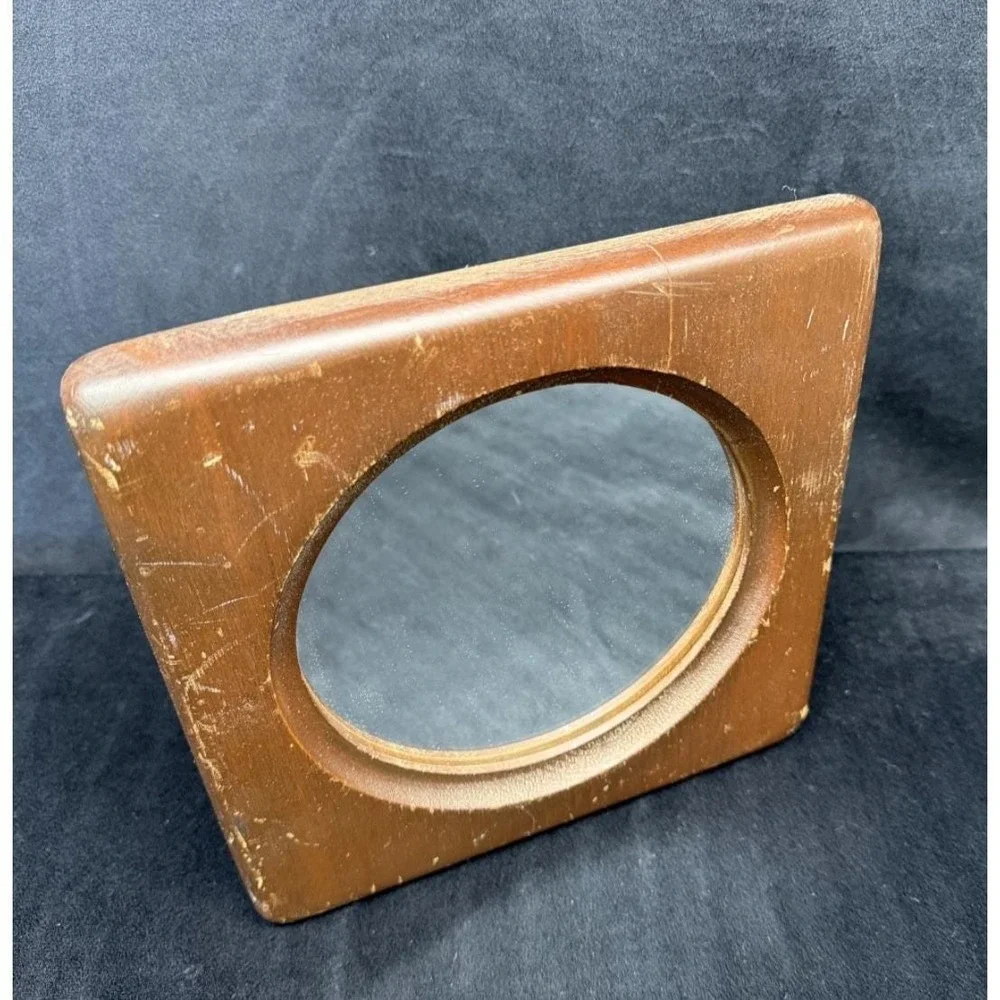 Vintage 70's Square Wooden Mirror Framed Round Mirror Retro 1970s Boho Bedroom